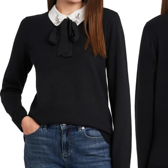 NWT CeCe Women's Rhinestone Collar Bow Neck Cotton Blend Black Sweater - Picture 4 of 10